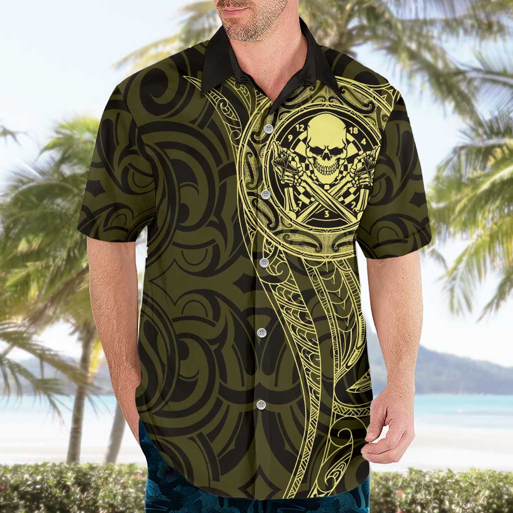 New Zealand Skull Darts Hawaiian Shirt Aotearoa Maori Chest Tattoo Stylized Gold LT14 - Polynesian Pride