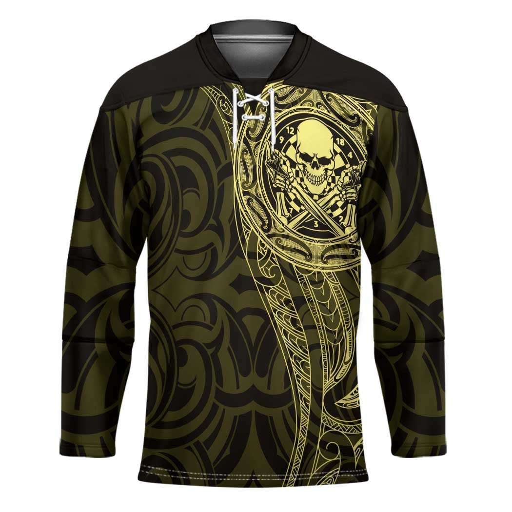 New Zealand Skull Darts Hockey Jersey Aotearoa Maori Chest Tattoo Stylized Gold - Polynesian Pride