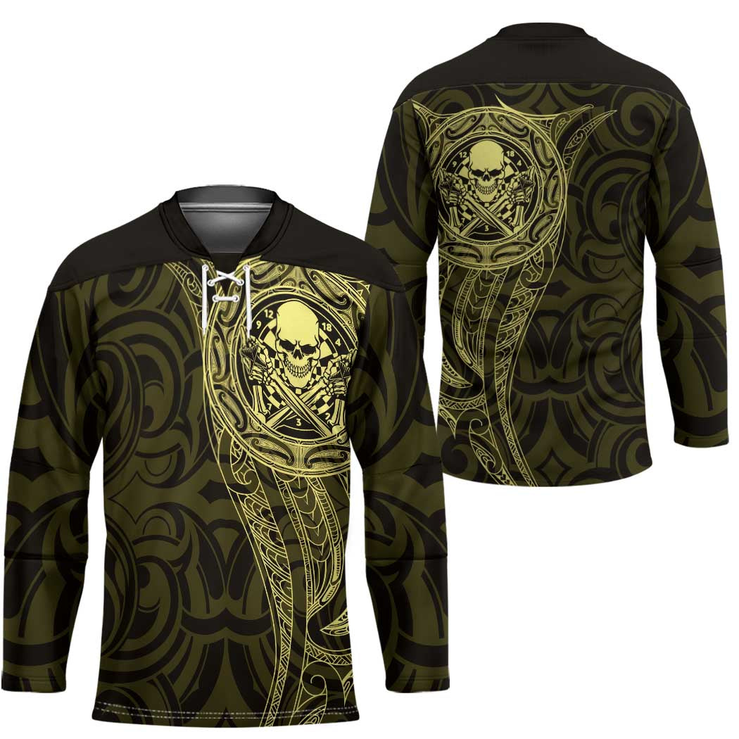 New Zealand Skull Darts Hockey Jersey Aotearoa Maori Chest Tattoo Stylized Gold LT14 - Polynesian Pride