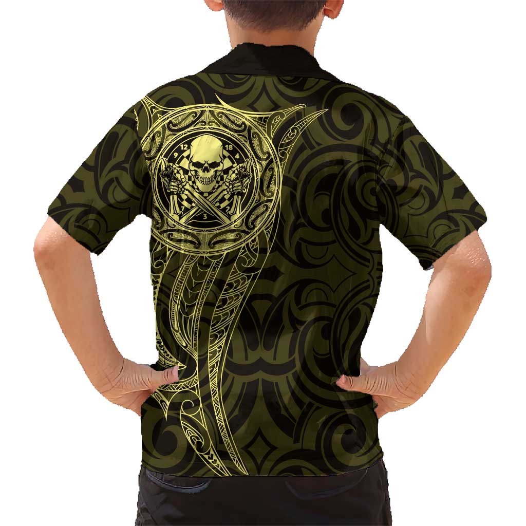 New Zealand Skull Darts Kid Hawaiian Shirt Aotearoa Maori Chest Tattoo Stylized Gold LT14 - Polynesian Pride