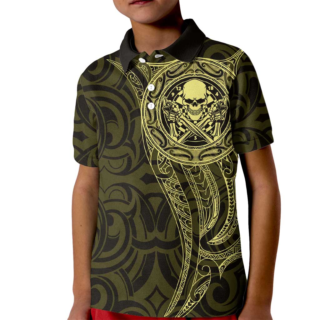 New Zealand Skull Darts Kid Polo Shirt Aotearoa Maori Chest Tattoo Stylized Gold LT14 Kid Gold - Polynesian Pride