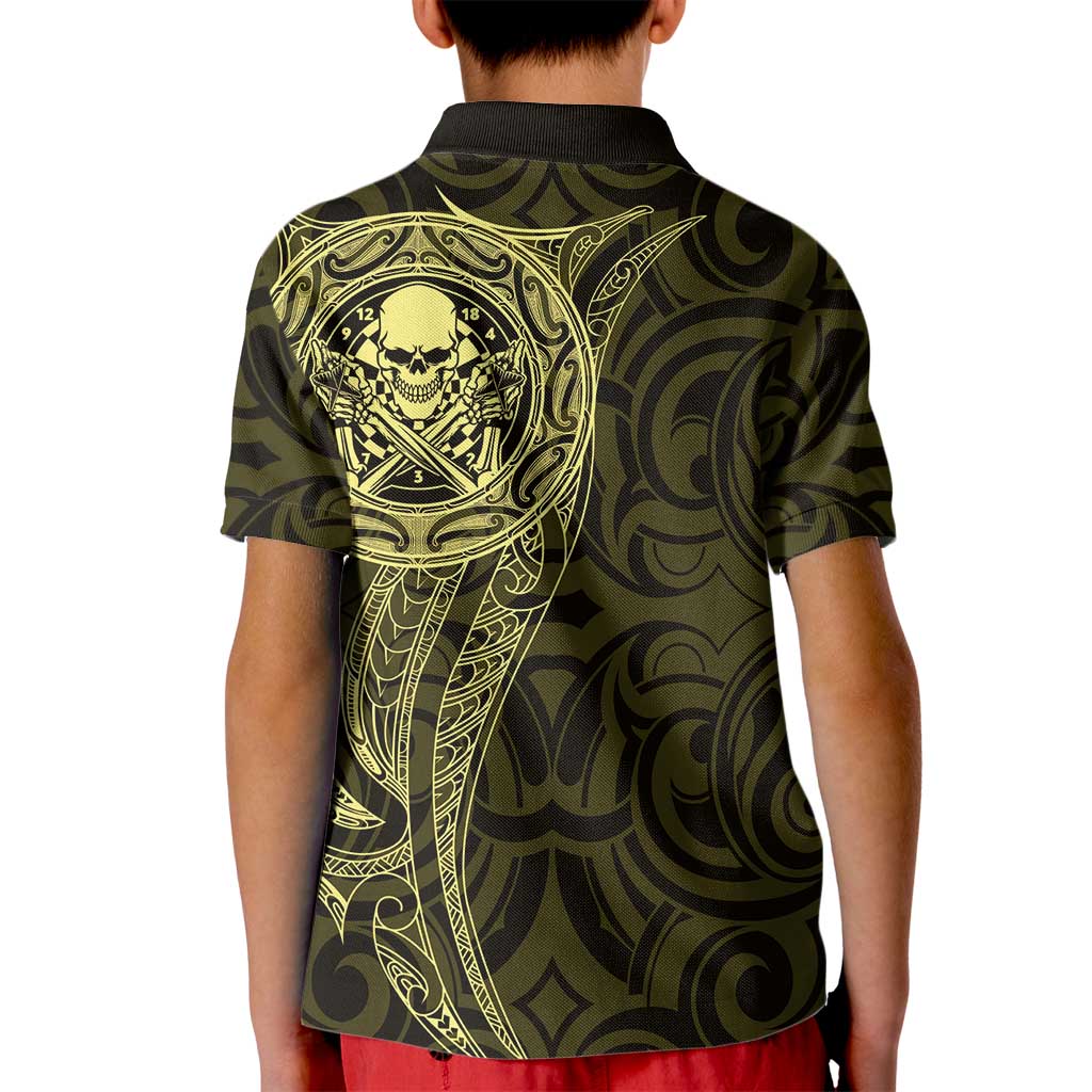New Zealand Skull Darts Kid Polo Shirt Aotearoa Maori Chest Tattoo Stylized Gold LT14 - Polynesian Pride