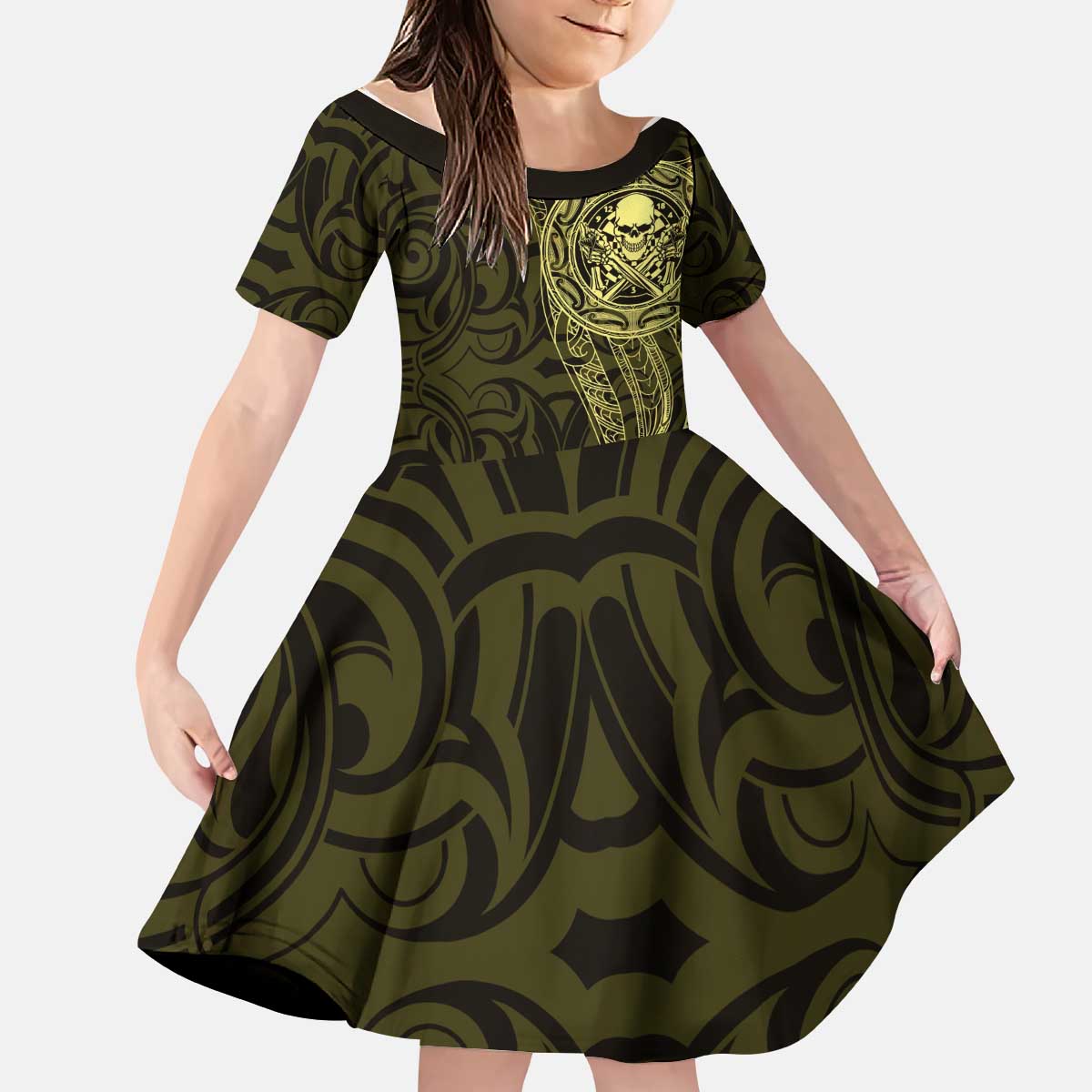 New Zealand Skull Darts Kid Short Sleeve Dress Aotearoa Maori Chest Tattoo Stylized Gold LT14 KID Gold - Polynesian Pride