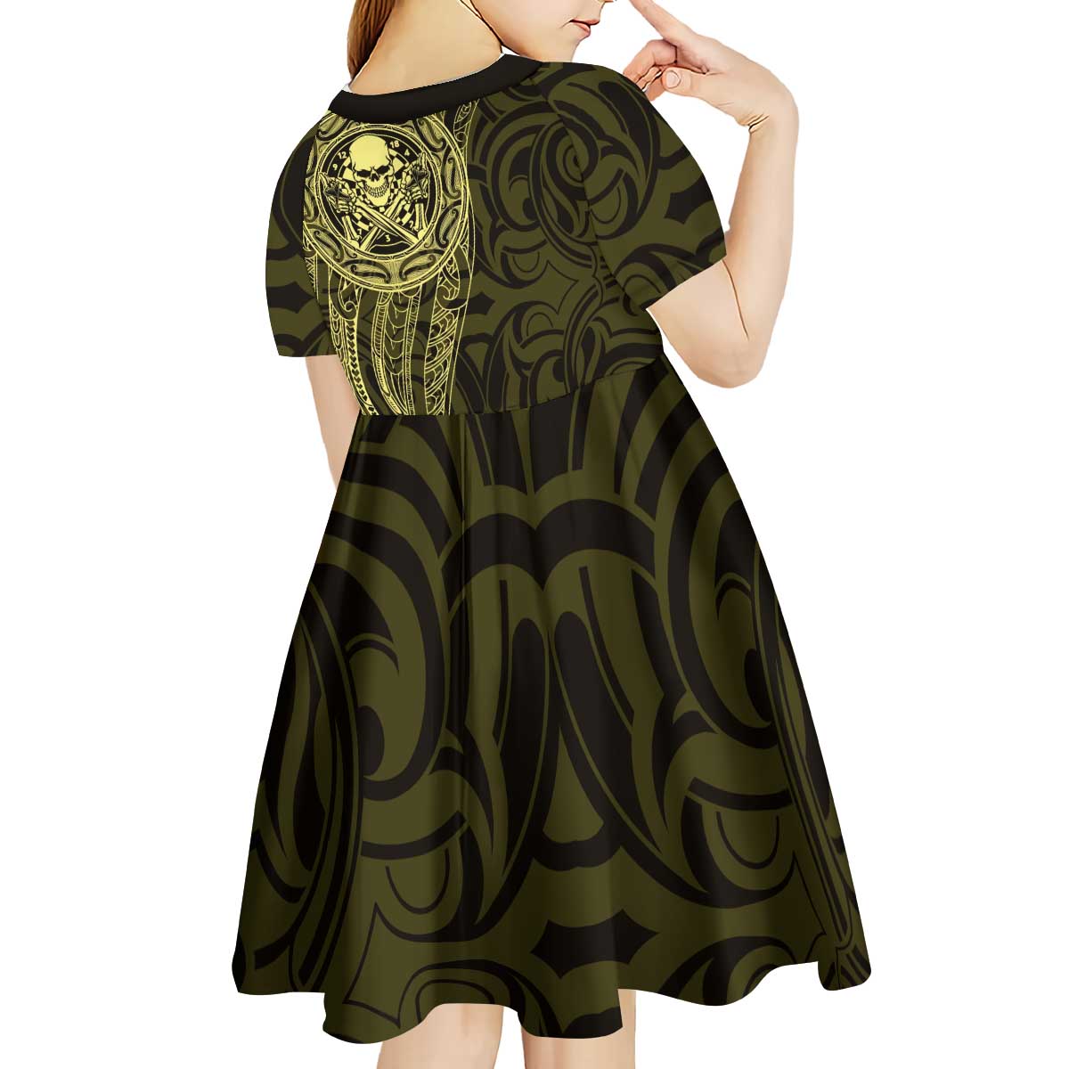 New Zealand Skull Darts Kid Short Sleeve Dress Aotearoa Maori Chest Tattoo Stylized Gold LT14 - Polynesian Pride