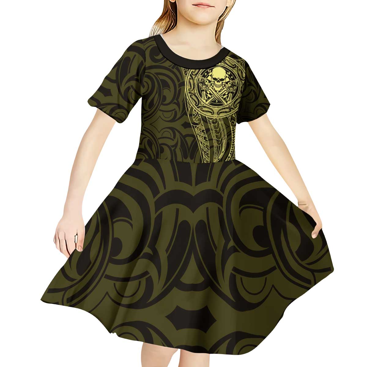 New Zealand Skull Darts Kid Short Sleeve Dress Aotearoa Maori Chest Tattoo Stylized Gold LT14 - Polynesian Pride
