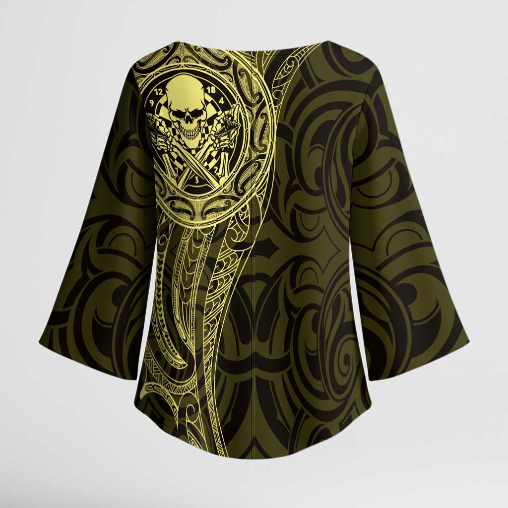 New Zealand Skull Darts Kimono Sleeve Blouse Aotearoa Maori Chest Tattoo Stylized Gold LT14 - Polynesian Pride