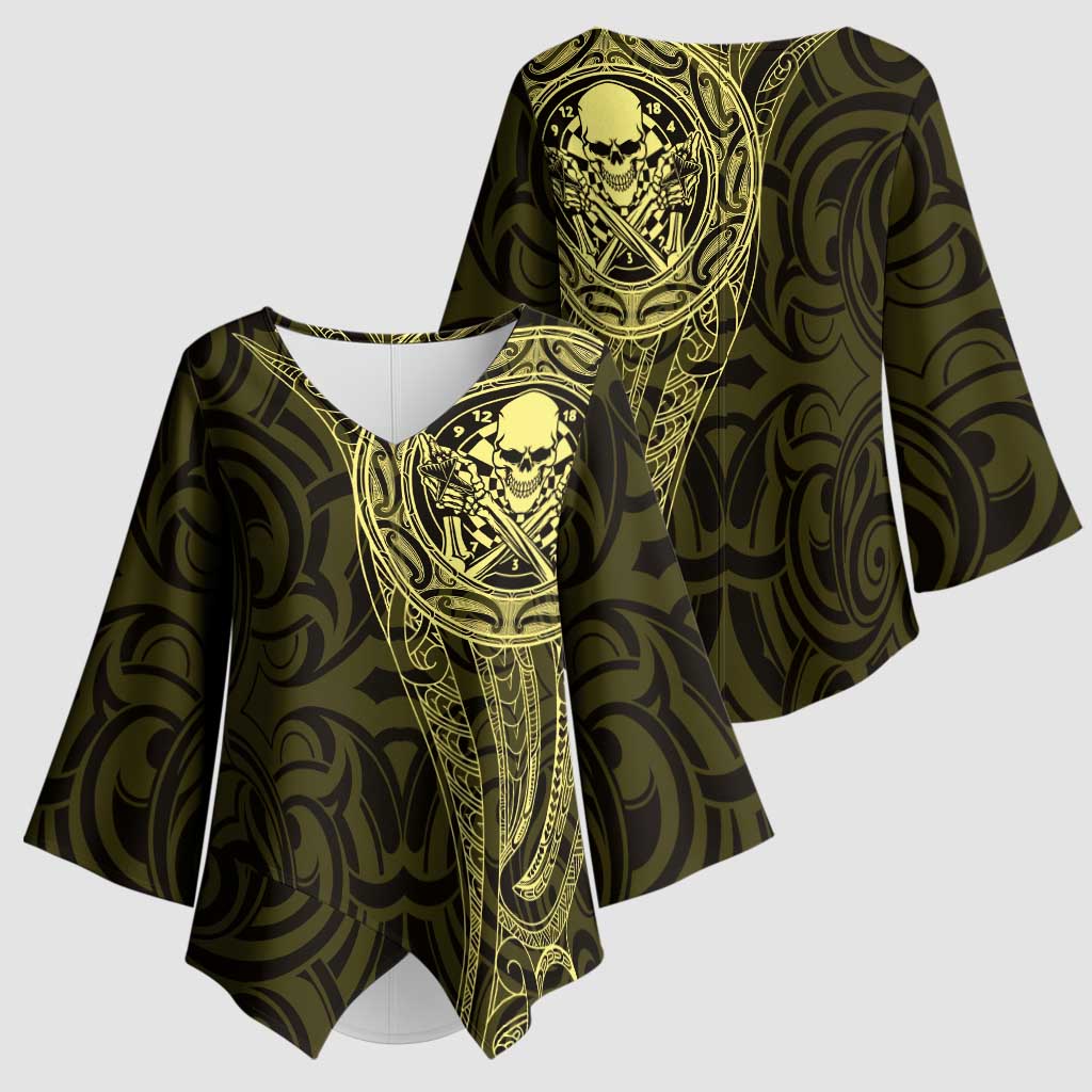 New Zealand Skull Darts Kimono Sleeve Blouse Aotearoa Maori Chest Tattoo Stylized Gold LT14 - Polynesian Pride