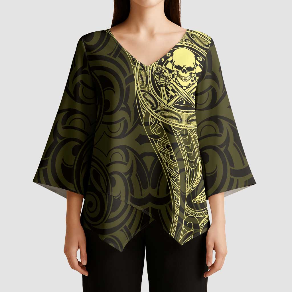 New Zealand Skull Darts Kimono Sleeve Blouse Aotearoa Maori Chest Tattoo Stylized Gold LT14 - Polynesian Pride