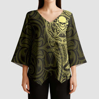 New Zealand Skull Darts Kimono Sleeve Blouse Aotearoa Maori Chest Tattoo Stylized Gold LT14 - Polynesian Pride