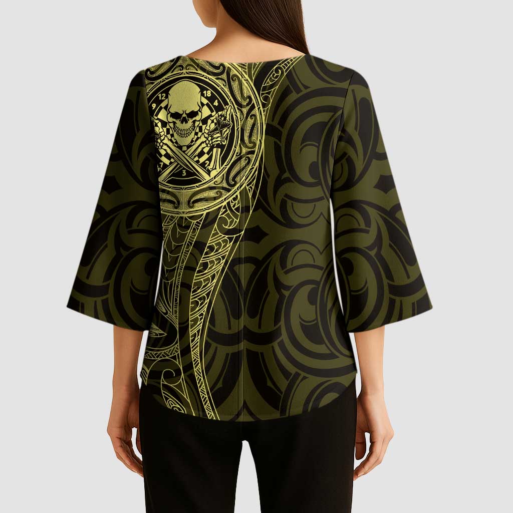 New Zealand Skull Darts Kimono Sleeve Blouse Aotearoa Maori Chest Tattoo Stylized Gold LT14 - Polynesian Pride