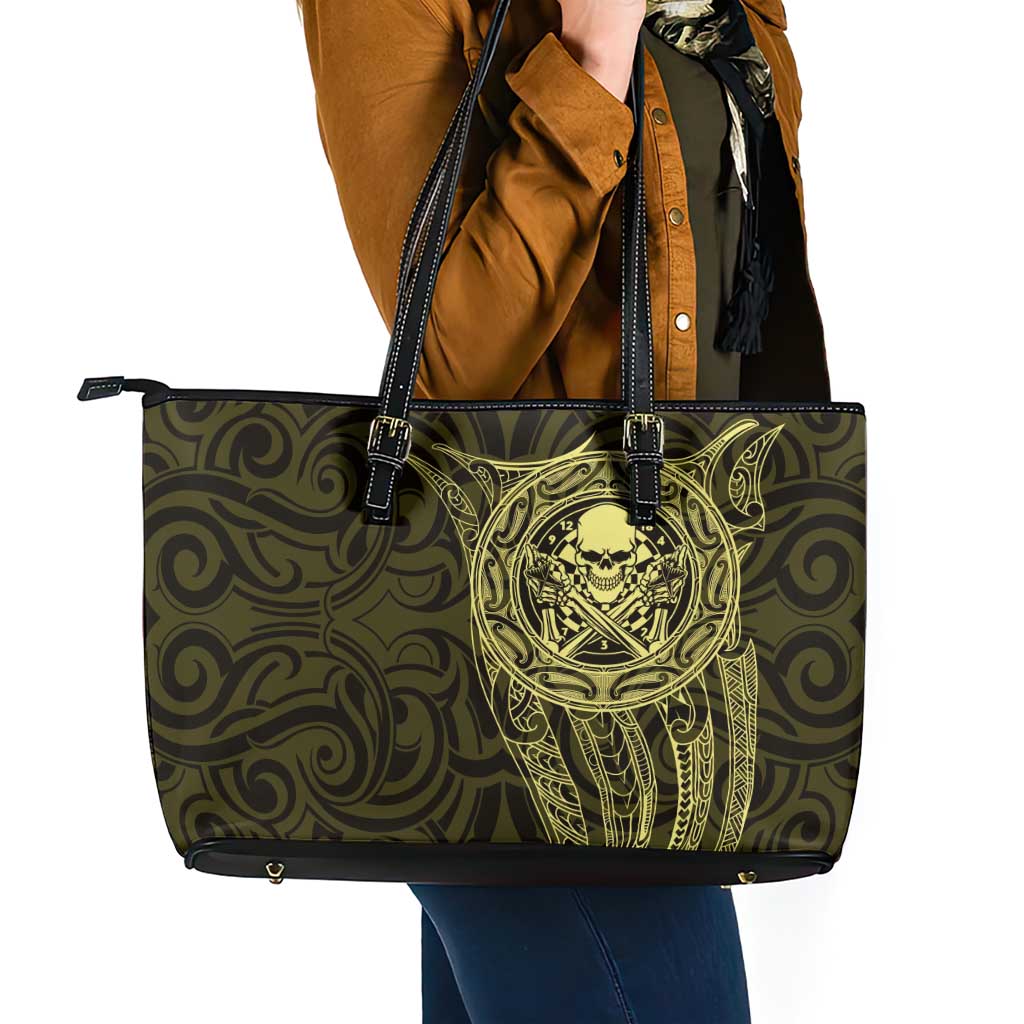 New Zealand Skull Darts Leather Tote Bag Aotearoa Maori Chest Tattoo Stylized Gold LT14 - Polynesian Pride