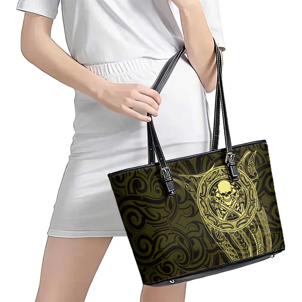 New Zealand Skull Darts Leather Tote Bag Aotearoa Maori Chest Tattoo Stylized Gold LT14 - Polynesian Pride