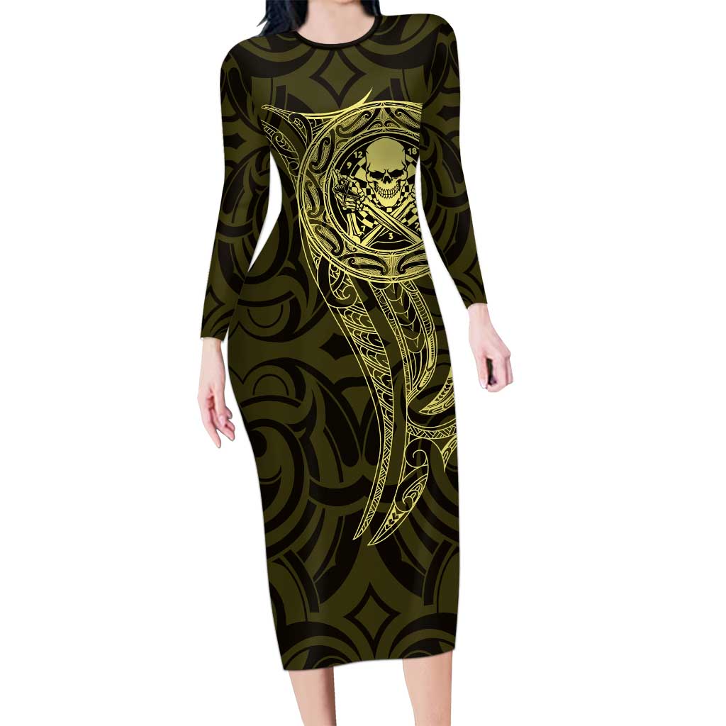 New Zealand Skull Darts Long Sleeve Bodycon Dress Aotearoa Maori Chest Tattoo Stylized Gold LT14 Long Dress Gold - Polynesian Pride