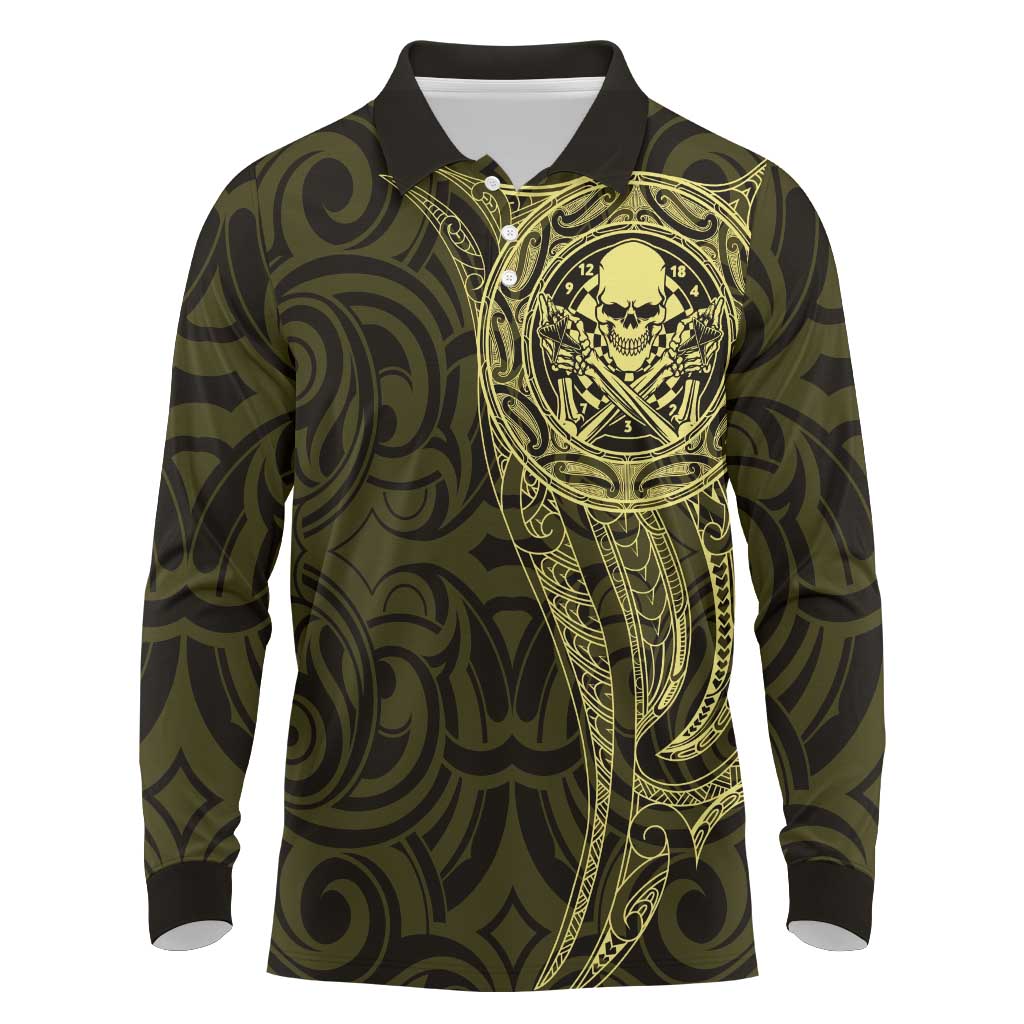 New Zealand Skull Darts Long Sleeve Polo Shirt Aotearoa Maori Chest Tattoo Stylized Gold LT14 Gold - Polynesian Pride