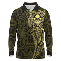 New Zealand Skull Darts Long Sleeve Polo Shirt Aotearoa Maori Chest Tattoo Stylized Gold LT14 Gold - Polynesian Pride