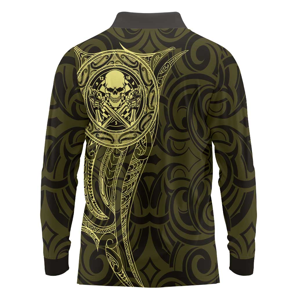 New Zealand Skull Darts Long Sleeve Polo Shirt Aotearoa Maori Chest Tattoo Stylized Gold LT14 - Polynesian Pride