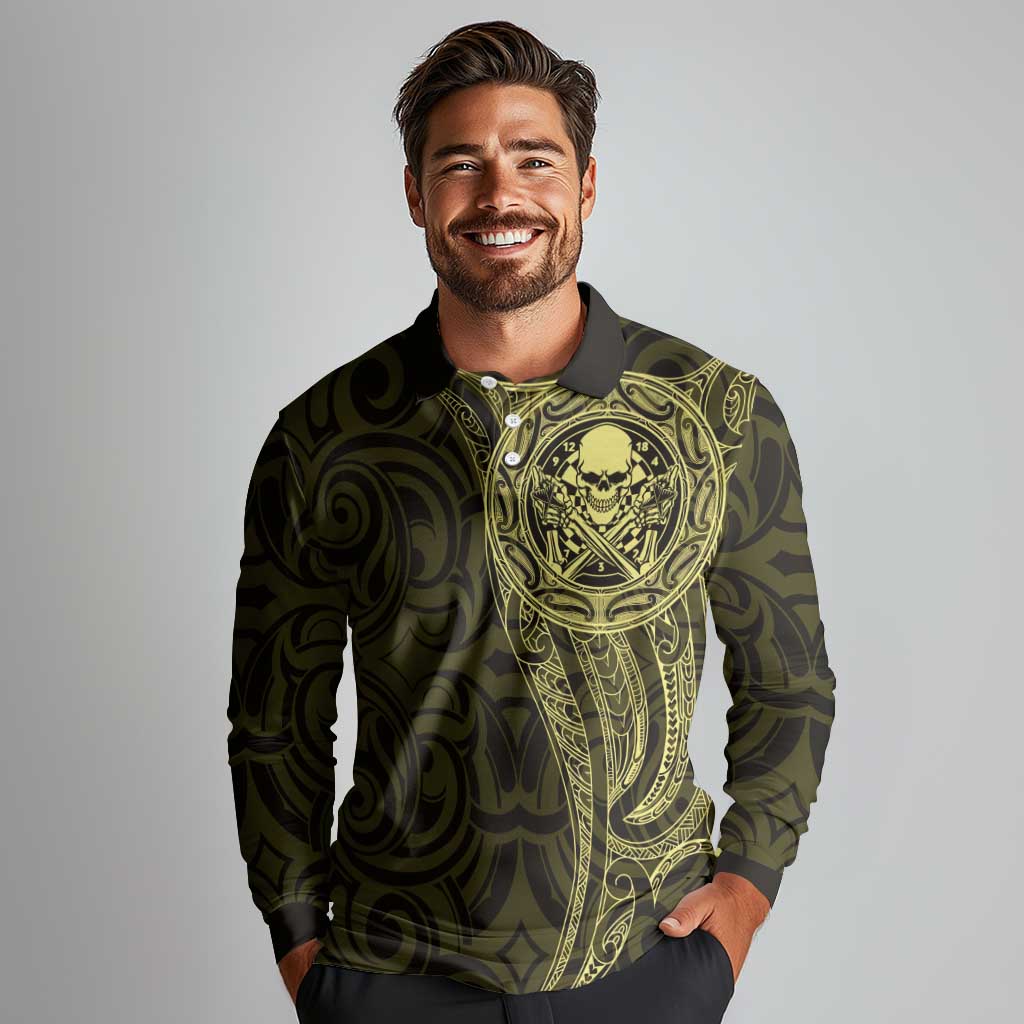New Zealand Skull Darts Long Sleeve Polo Shirt Aotearoa Maori Chest Tattoo Stylized Gold LT14 - Polynesian Pride