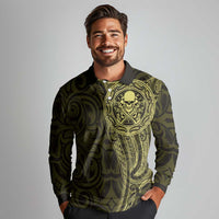 New Zealand Skull Darts Long Sleeve Polo Shirt Aotearoa Maori Chest Tattoo Stylized Gold LT14 - Polynesian Pride
