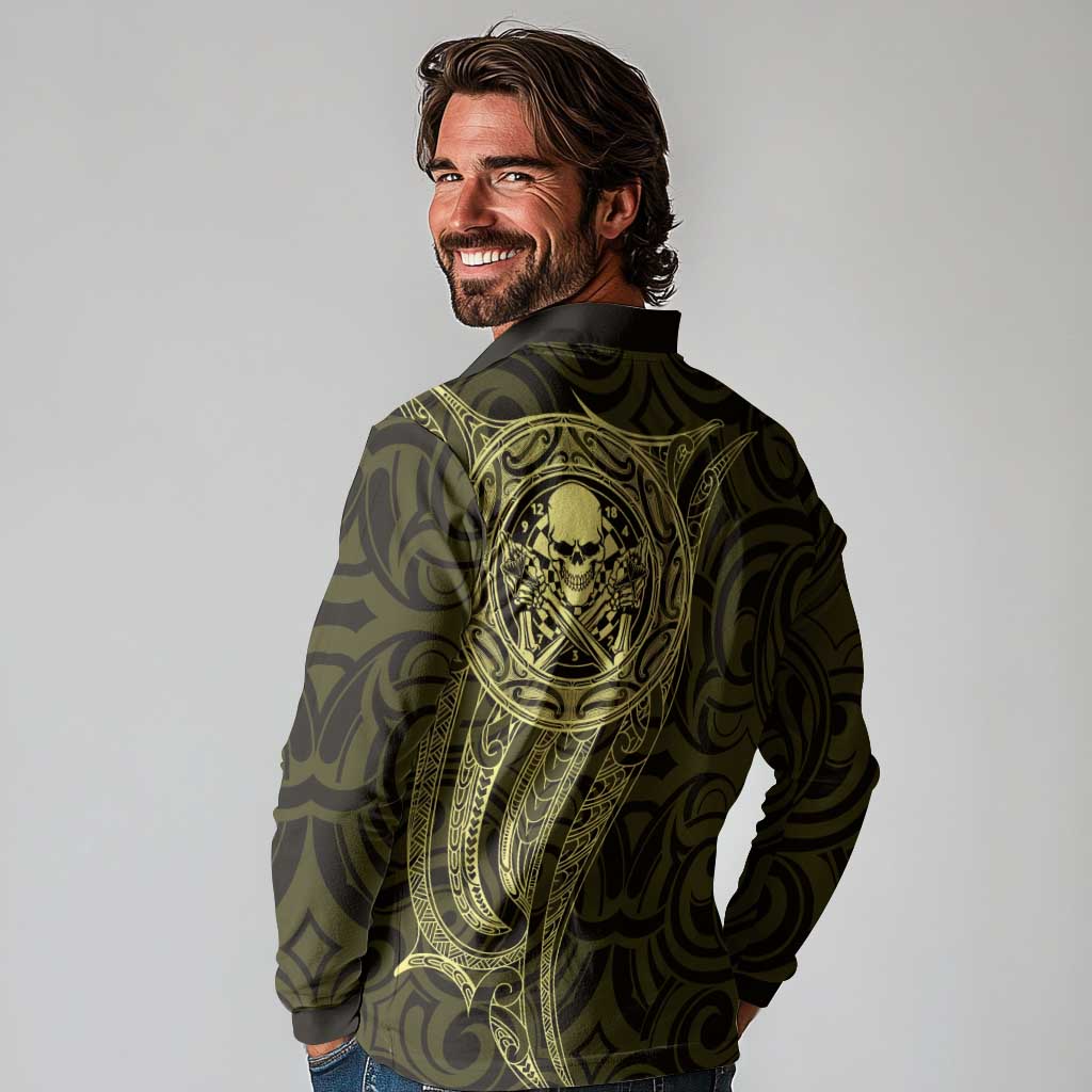 New Zealand Skull Darts Long Sleeve Polo Shirt Aotearoa Maori Chest Tattoo Stylized Gold LT14 - Polynesian Pride