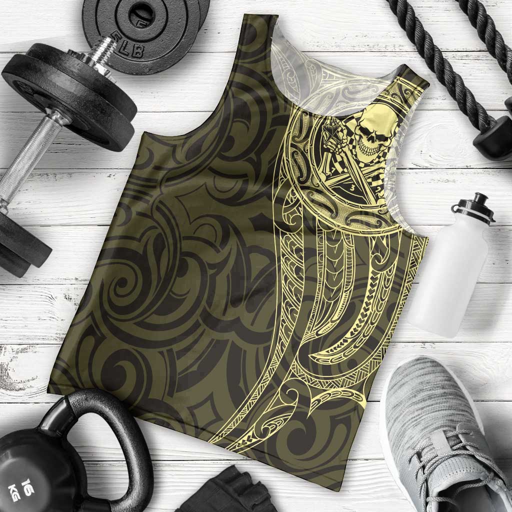 New Zealand Skull Darts Men Tank Top Aotearoa Maori Chest Tattoo Stylized Gold LT14 - Polynesian Pride