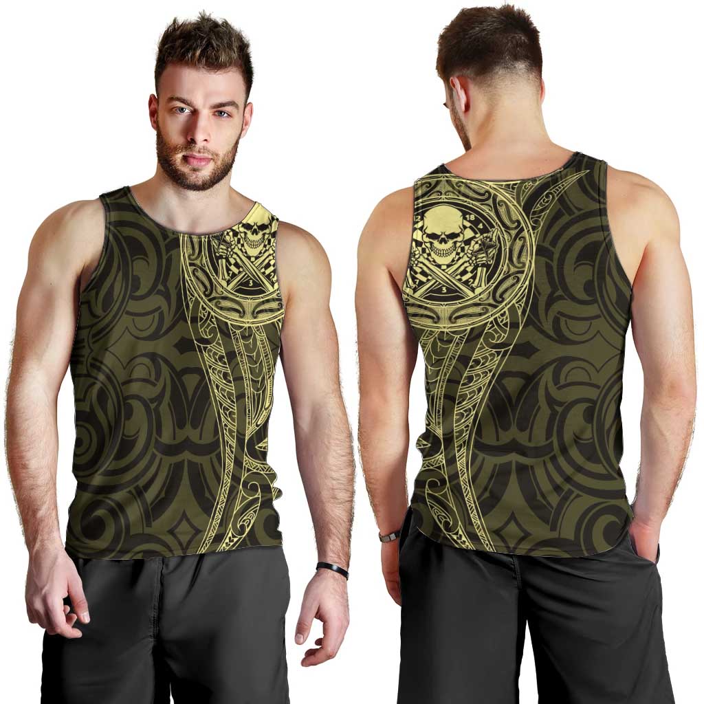New Zealand Skull Darts Men Tank Top Aotearoa Maori Chest Tattoo Stylized Gold LT14 - Polynesian Pride