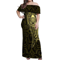 New Zealand Skull Darts Off Shoulder Maxi Dress Aotearoa Maori Chest Tattoo Stylized Gold LT14 Women Gold - Polynesian Pride