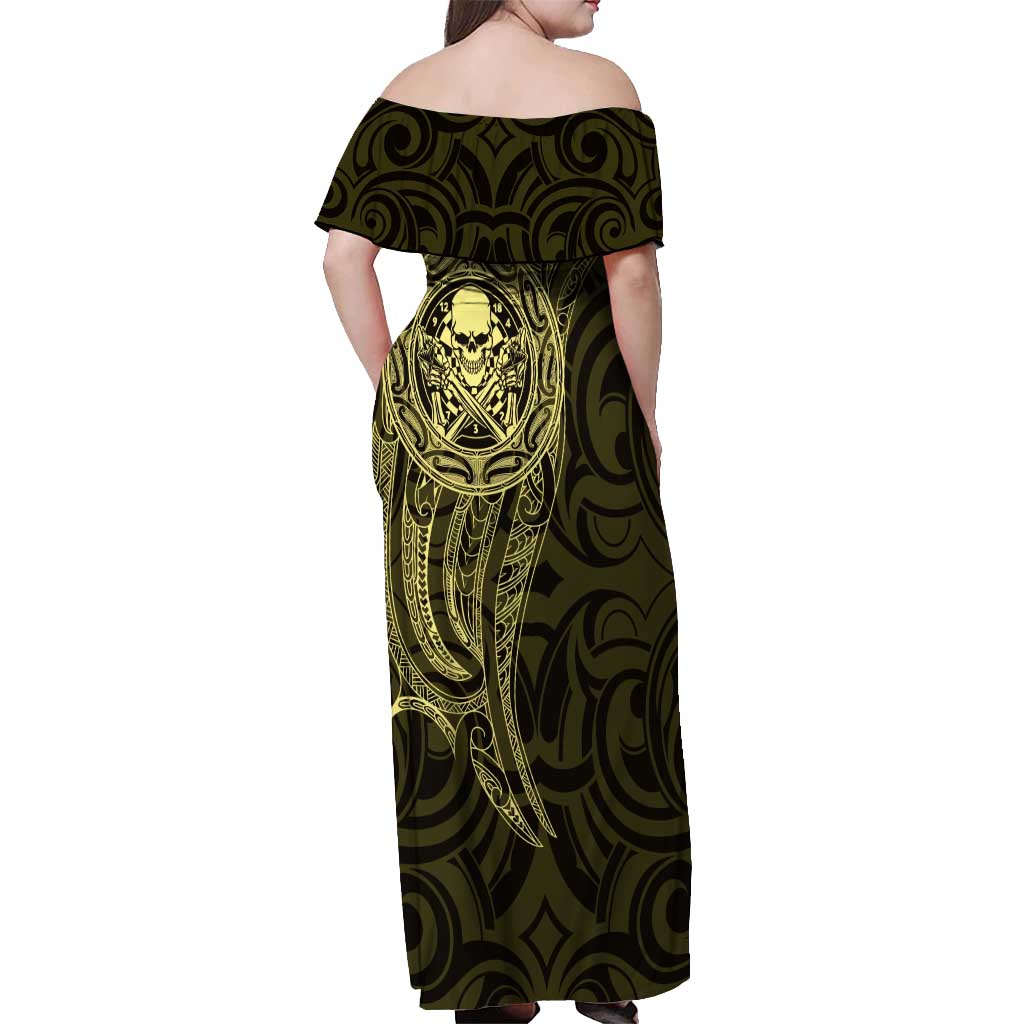 New Zealand Skull Darts Off Shoulder Maxi Dress Aotearoa Maori Chest Tattoo Stylized Gold LT14 - Polynesian Pride