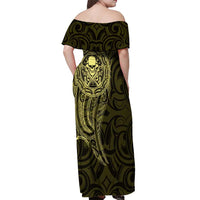 New Zealand Skull Darts Off Shoulder Maxi Dress Aotearoa Maori Chest Tattoo Stylized Gold LT14 - Polynesian Pride
