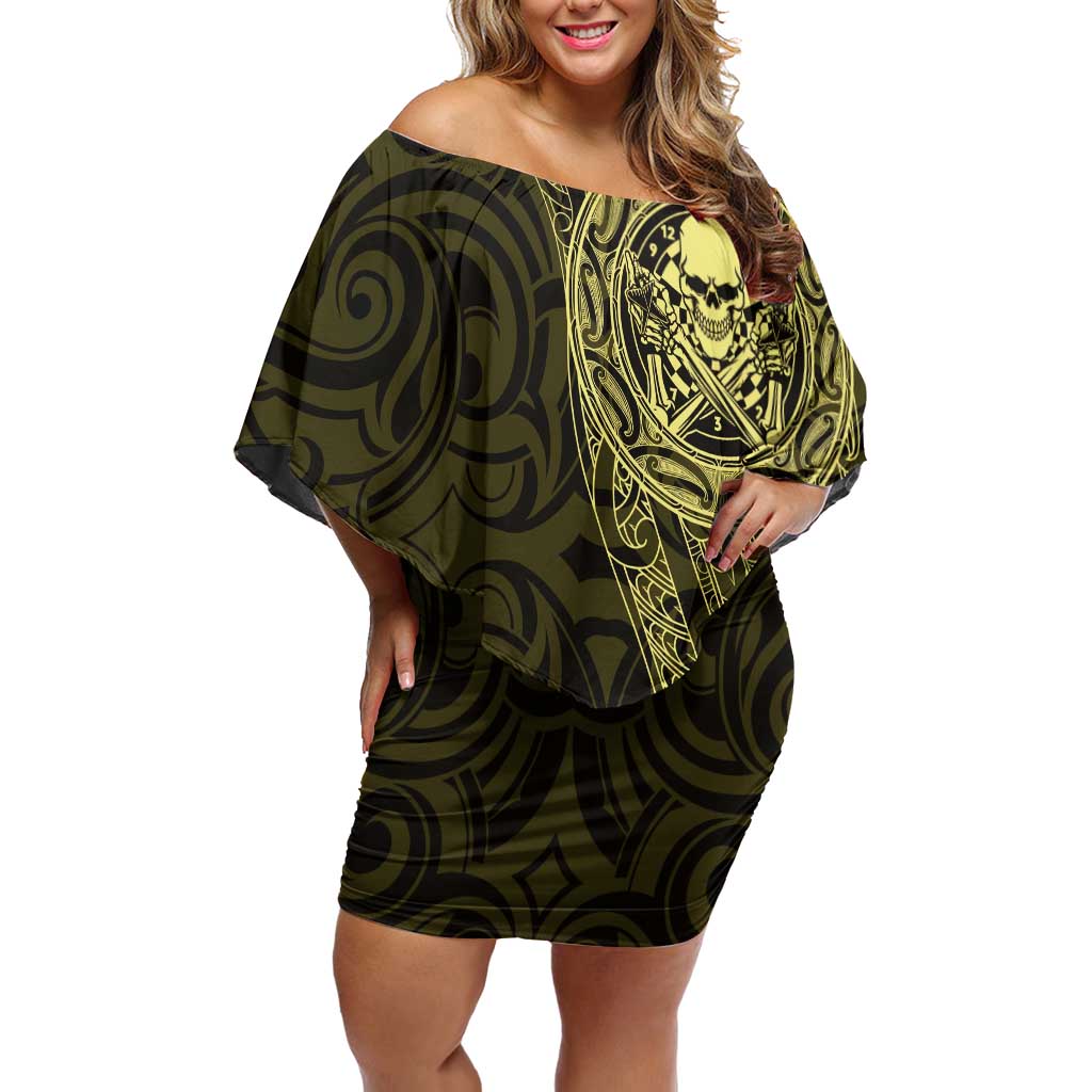 New Zealand Skull Darts Off Shoulder Short Dress Aotearoa Maori Chest Tattoo Stylized Gold LT14 Women Gold - Polynesian Pride