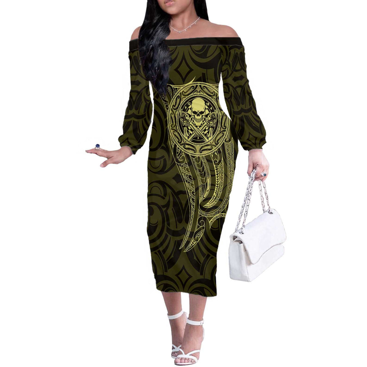 New Zealand Skull Darts Off The Shoulder Long Sleeve Dress Aotearoa Maori Chest Tattoo Stylized Gold LT14 Women Gold - Polynesian Pride
