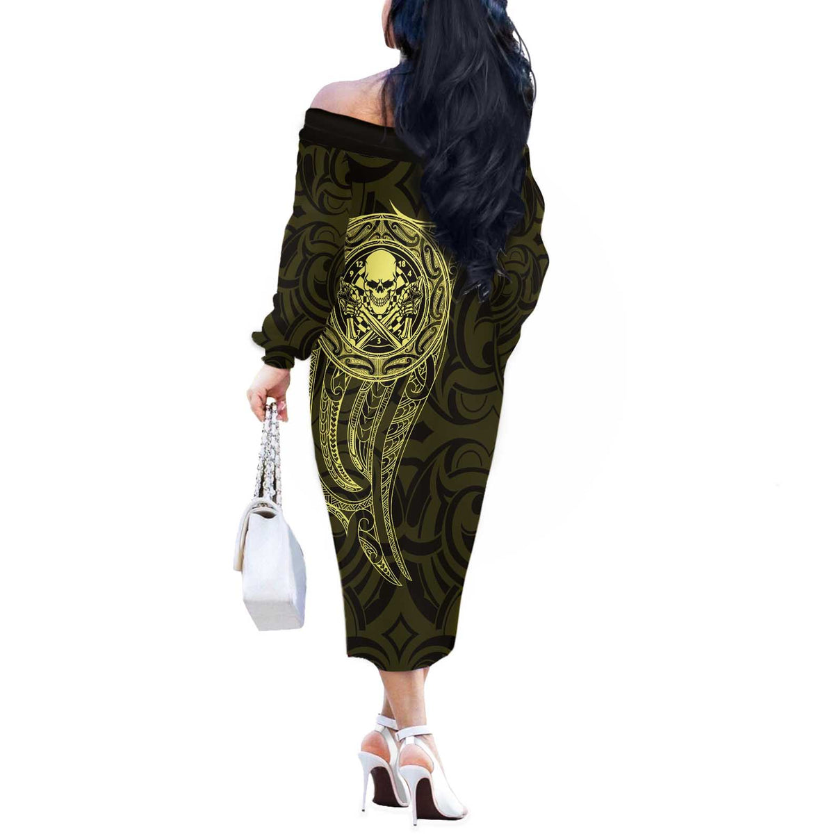 New Zealand Skull Darts Off The Shoulder Long Sleeve Dress Aotearoa Maori Chest Tattoo Stylized Gold LT14 - Polynesian Pride