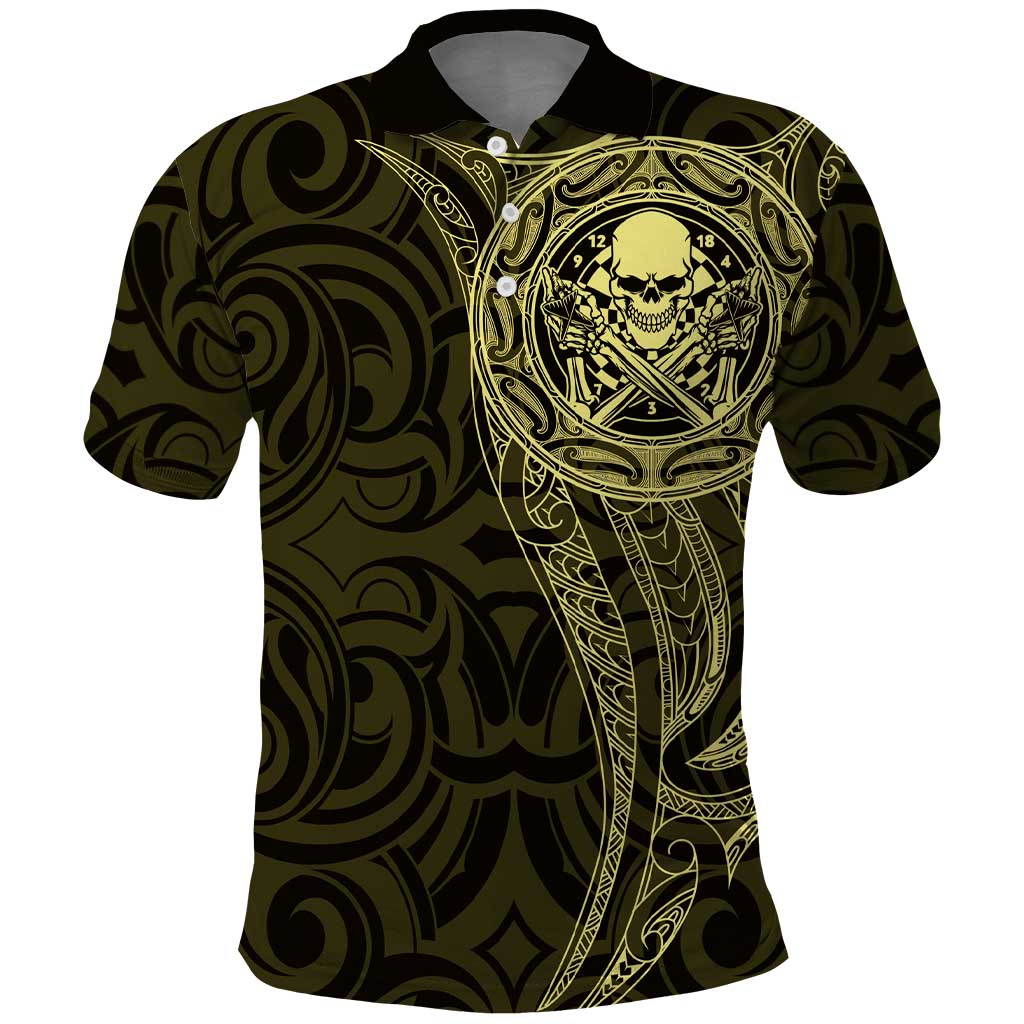 New Zealand Skull Darts Polo Shirt Aotearoa Maori Chest Tattoo Stylized Gold - Polynesian Pride