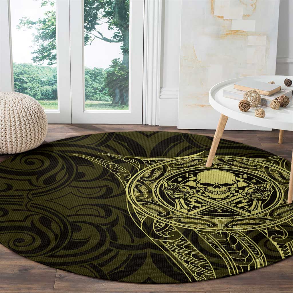 New Zealand Skull Darts Round Carpet Aotearoa Maori Chest Tattoo Stylized Gold - Polynesian Pride