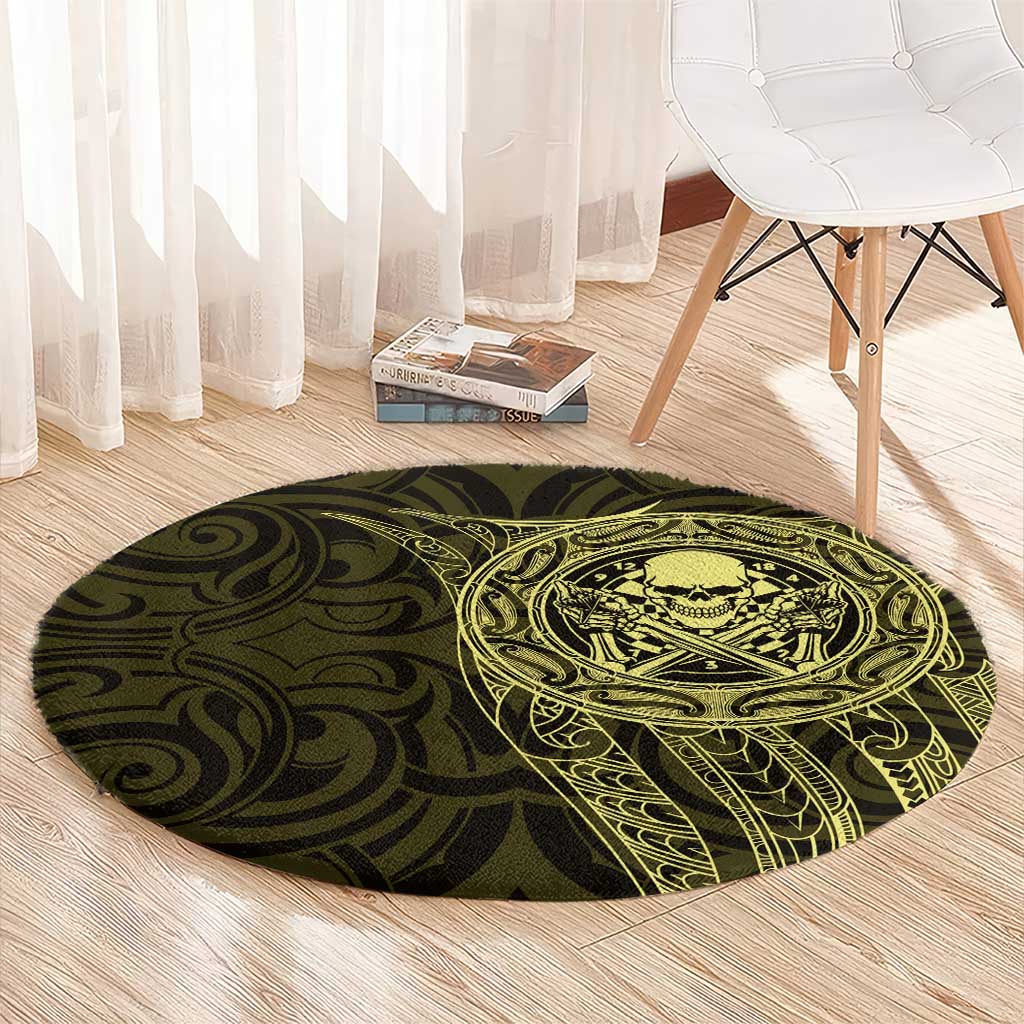 New Zealand Skull Darts Round Carpet Aotearoa Maori Chest Tattoo Stylized Gold - Polynesian Pride