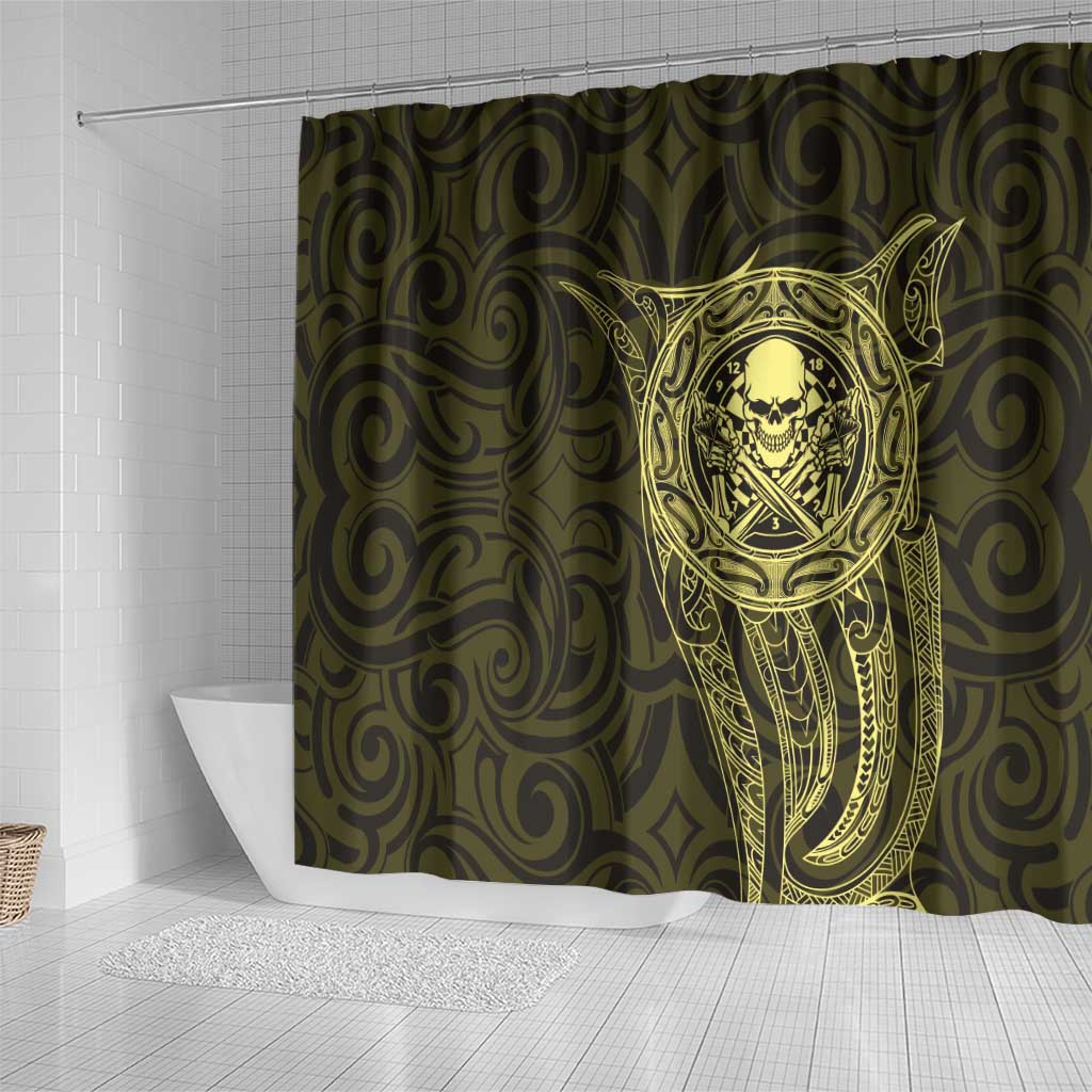 New Zealand Skull Darts Shower Curtain Aotearoa Maori Chest Tattoo Stylized Gold LT14 - Polynesian Pride
