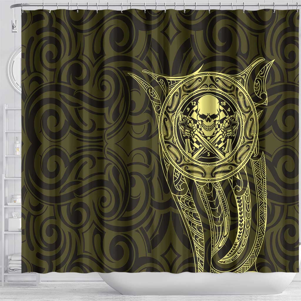 New Zealand Skull Darts Shower Curtain Aotearoa Maori Chest Tattoo Stylized Gold LT14 - Polynesian Pride