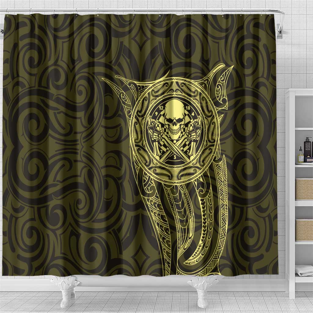 New Zealand Skull Darts Shower Curtain Aotearoa Maori Chest Tattoo Stylized Gold LT14 - Polynesian Pride
