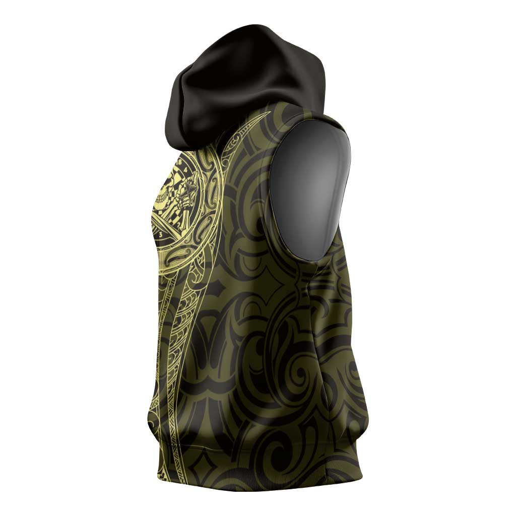 New Zealand Skull Darts Sleeveless Hoodie Aotearoa Maori Chest Tattoo Stylized Gold LT14 - Polynesian Pride