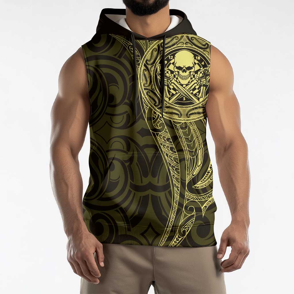 New Zealand Skull Darts Sleeveless Hoodie Aotearoa Maori Chest Tattoo Stylized Gold LT14 - Polynesian Pride
