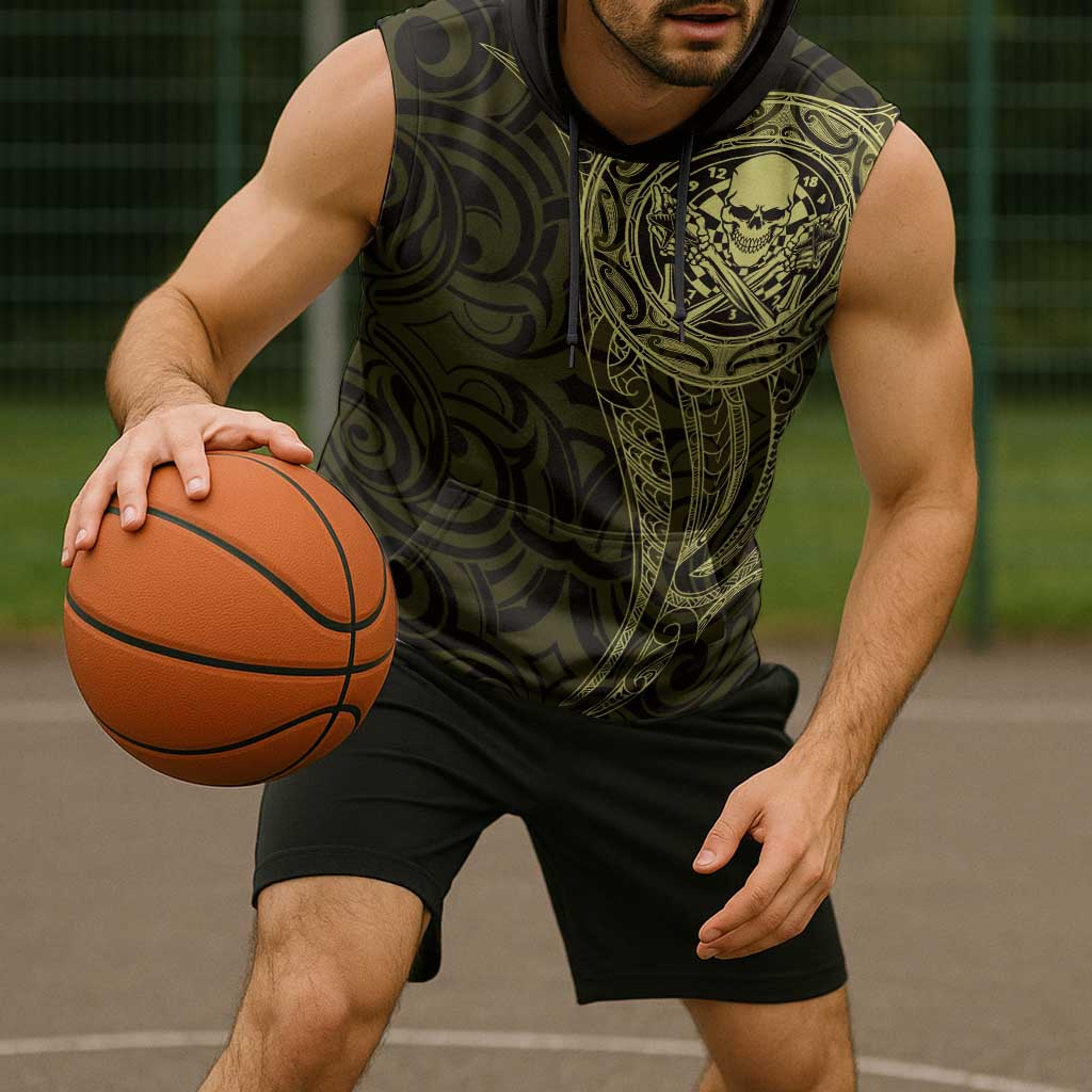 New Zealand Skull Darts Sleeveless Hoodie Aotearoa Maori Chest Tattoo Stylized Gold LT14 - Polynesian Pride