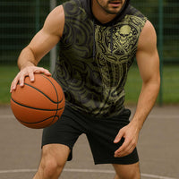 New Zealand Skull Darts Sleeveless Hoodie Aotearoa Maori Chest Tattoo Stylized Gold LT14 - Polynesian Pride