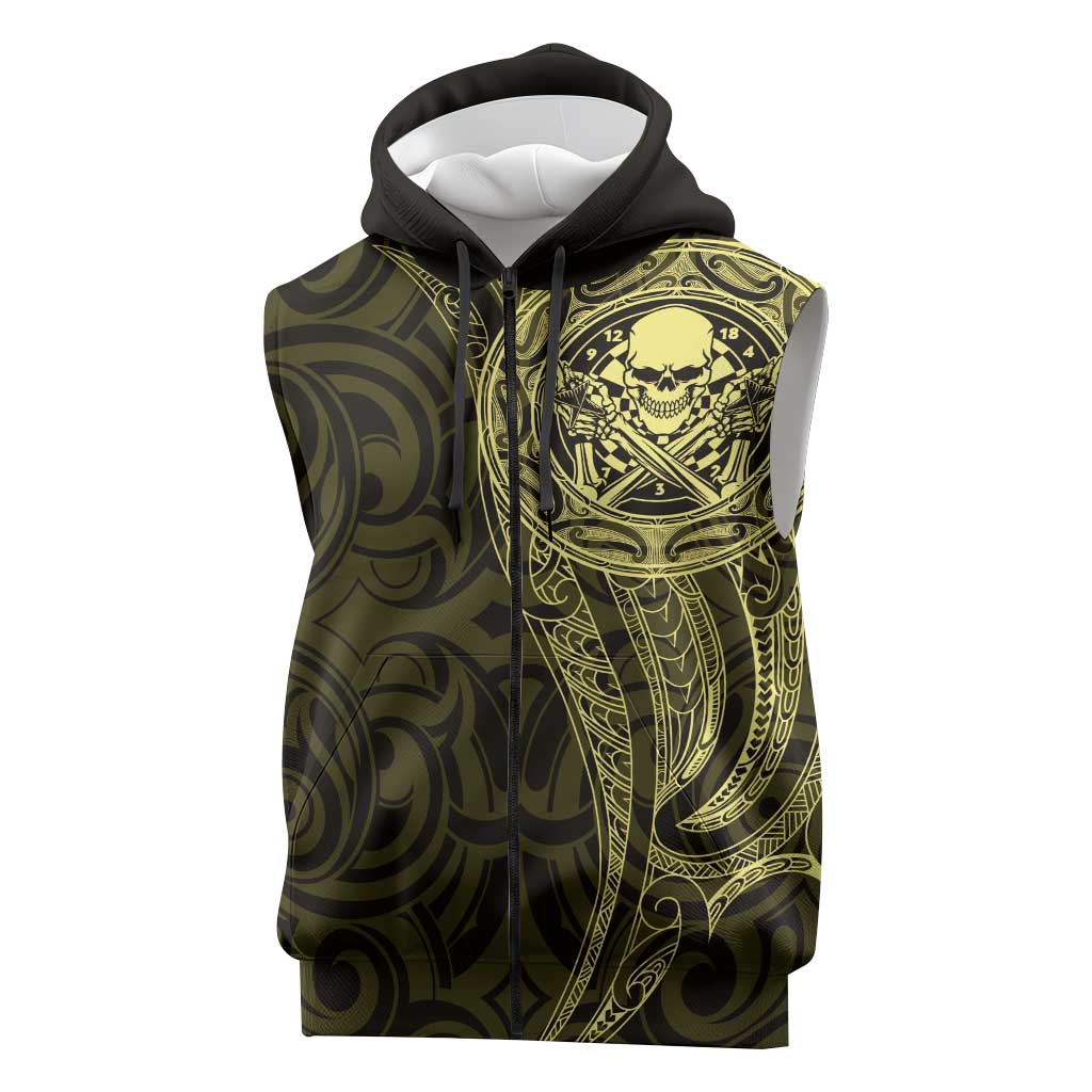 New Zealand Skull Darts Sleeveless Zip Hoodie Aotearoa Maori Chest Tattoo Stylized Gold LT14 Gold - Polynesian Pride