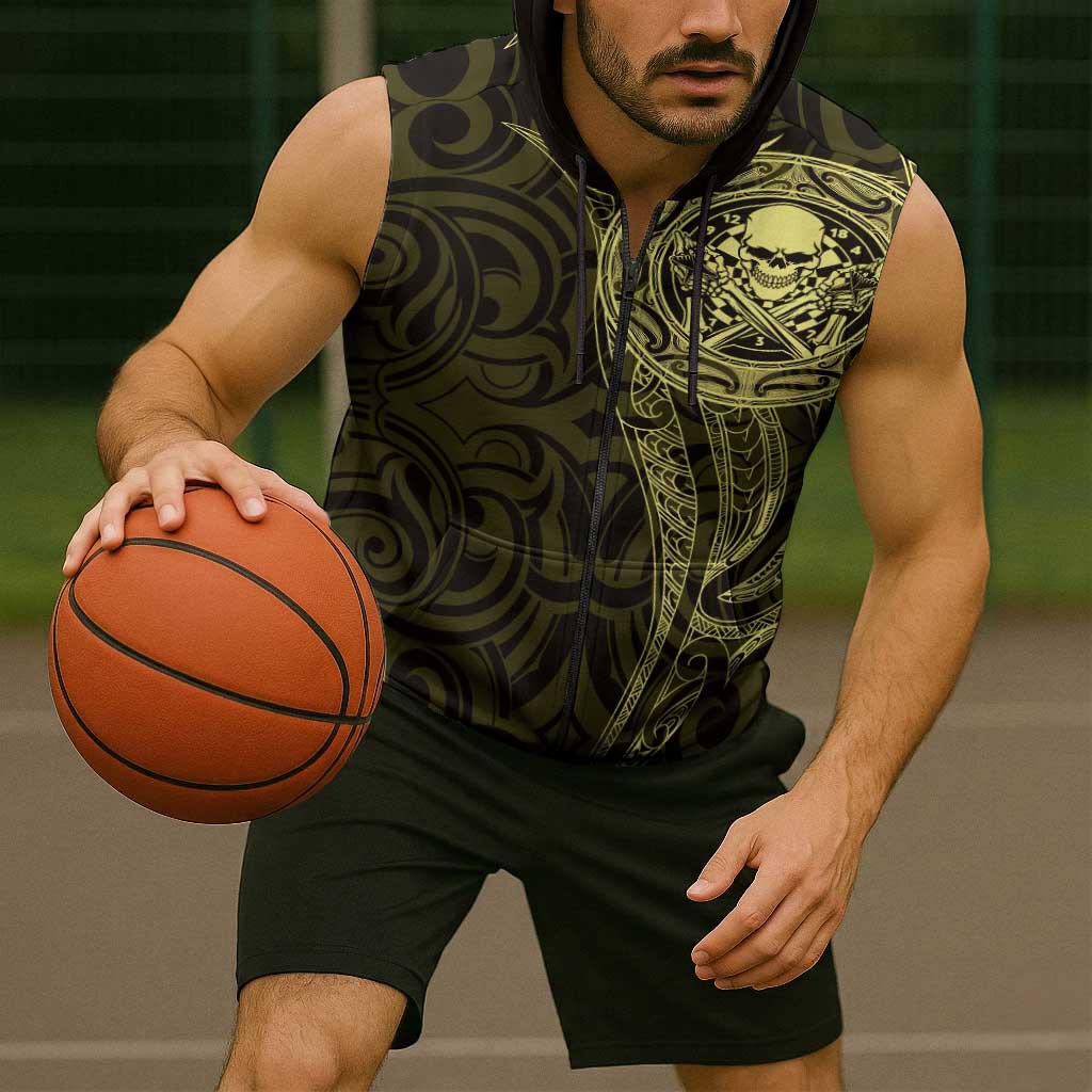 New Zealand Skull Darts Sleeveless Zip Hoodie Aotearoa Maori Chest Tattoo Stylized Gold LT14 - Polynesian Pride