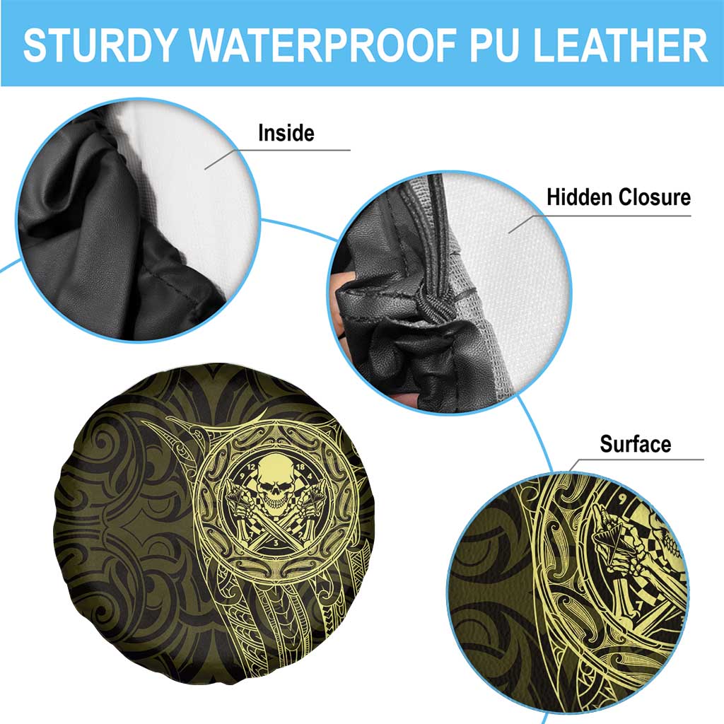 New Zealand Skull Darts Spare Tire Cover Aotearoa Maori Chest Tattoo Stylized Gold LT14 - Polynesian Pride
