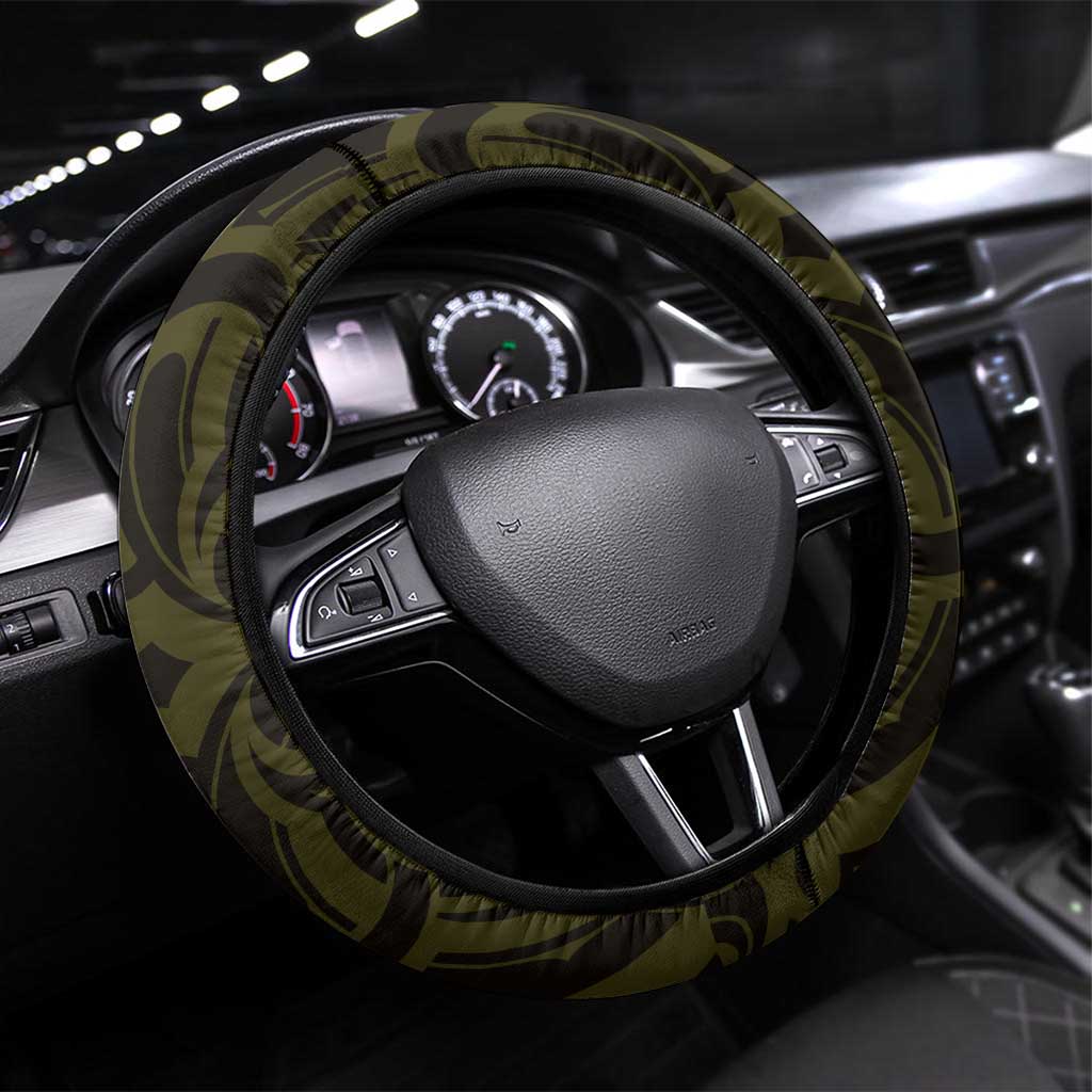 New Zealand Skull Darts Steering Wheel Cover Aotearoa Maori Chest Tattoo Stylized Gold LT14 Universal Fit Gold - Polynesian Pride