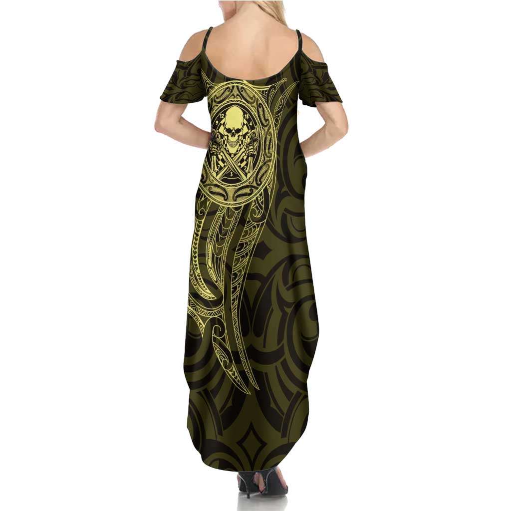 New Zealand Skull Darts Summer Maxi Dress Aotearoa Maori Chest Tattoo Stylized Gold LT14 - Polynesian Pride