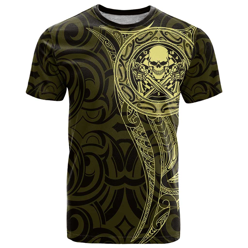 New Zealand Skull Darts T Shirt Aotearoa Maori Chest Tattoo Stylized Gold LT14 Gold - Polynesian Pride