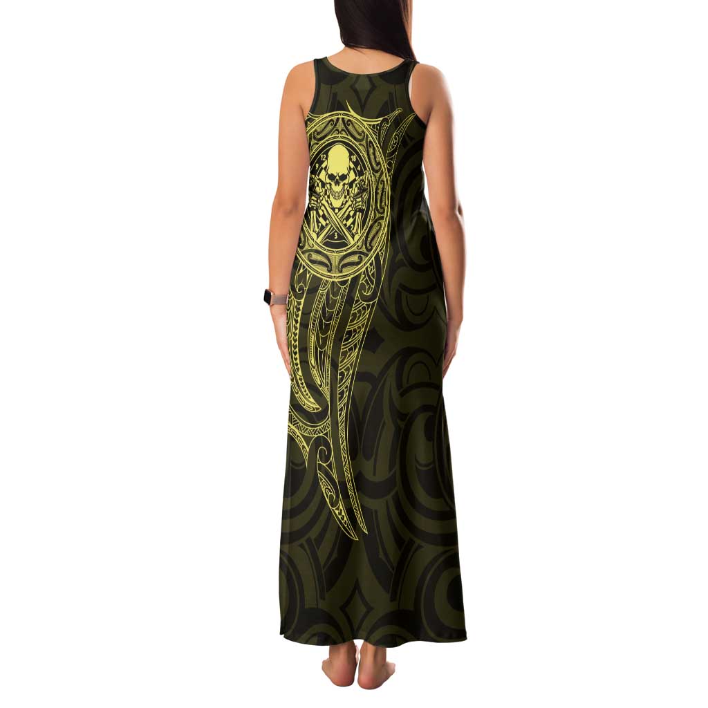 New Zealand Skull Darts Tank Maxi Dress Aotearoa Maori Chest Tattoo Stylized Gold LT14 - Polynesian Pride