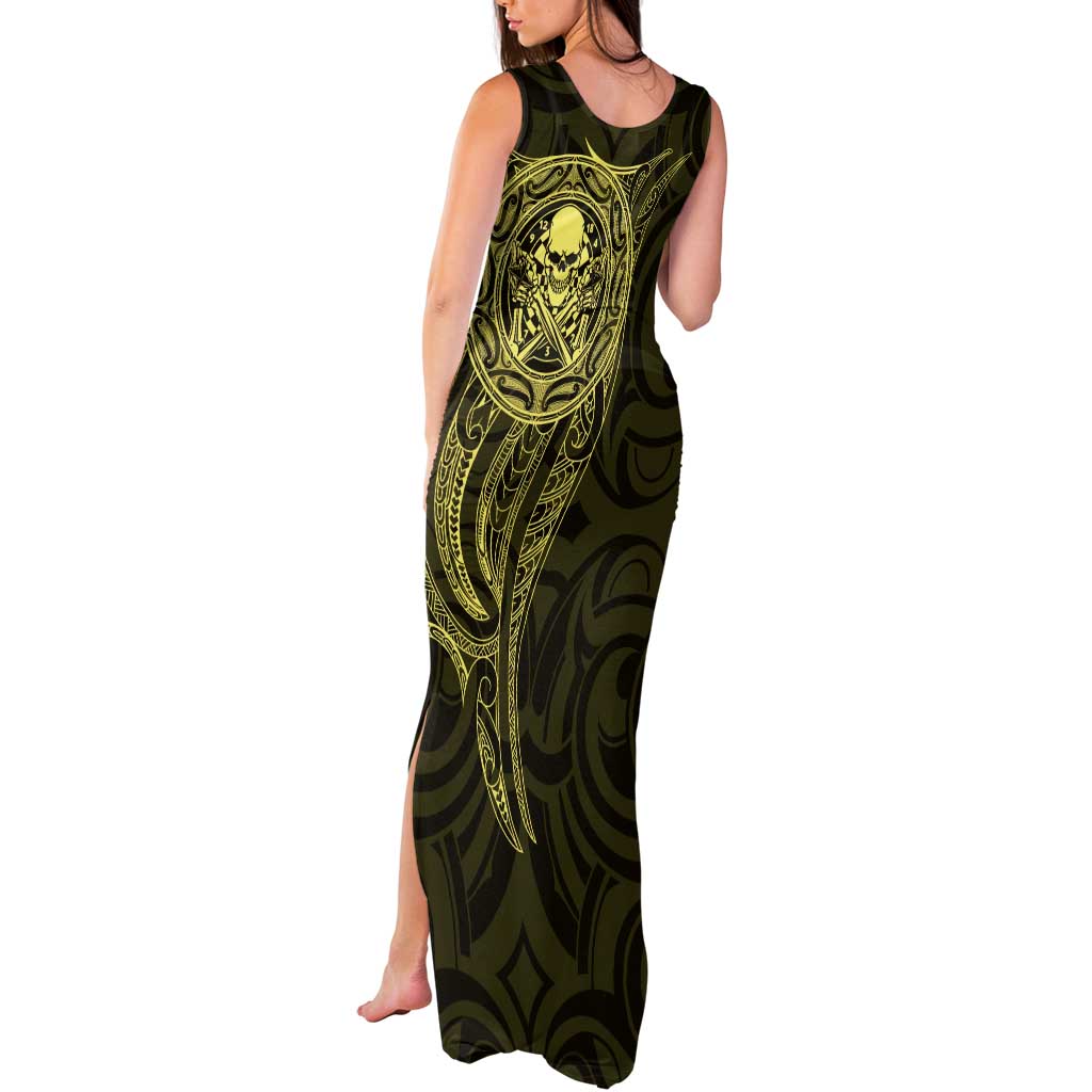 New Zealand Skull Darts Tank Maxi Dress Aotearoa Maori Chest Tattoo Stylized Gold LT14 - Polynesian Pride