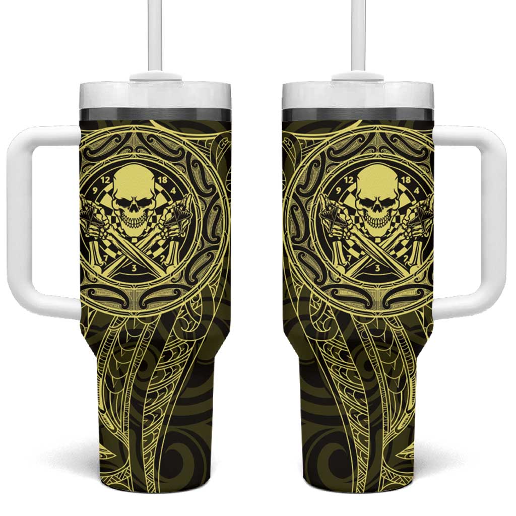 New Zealand Skull Darts Tumbler With Handle Aotearoa Maori Chest Tattoo Stylized Gold LT14 One Size: 40 oz Gold - Polynesian Pride